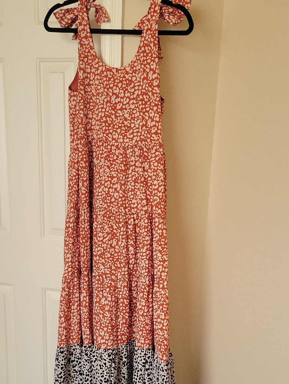 THML Terracotta and White Tiered Maxi Dress with Tie Shoulders